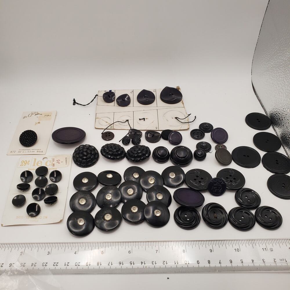 Big Lot Vintage Black Buttons Rhinestones Anchors 1900s 1940s Celluloid